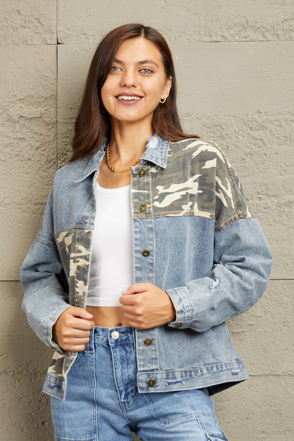Dark Gray GeeGee Full Size Washed Denim Camo Contrast Jacket Sentient Beauty Fashions Apparel & Accessories