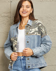 Dark Gray GeeGee Full Size Washed Denim Camo Contrast Jacket Sentient Beauty Fashions Apparel & Accessories