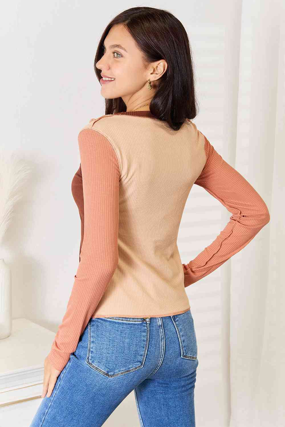 Light Gray Double Take Color Block Exposed Seam Long Sleeve Top Sentient Beauty Fashions Apparel & Accessories