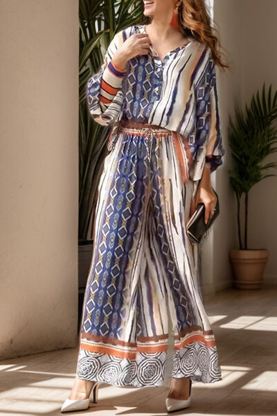 Dim Gray Printed Lantern Sleeve Top and Wide Leg Pants Set Sentient Beauty Fashions Apparel &amp; Accessories