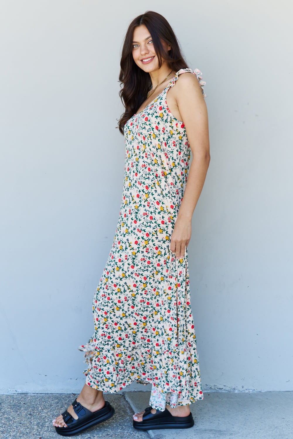 Light Steel Blue Doublju In The Garden Ruffle Floral Maxi Dress in Natural Rose Sentient Beauty Fashions Apparel & Accessories