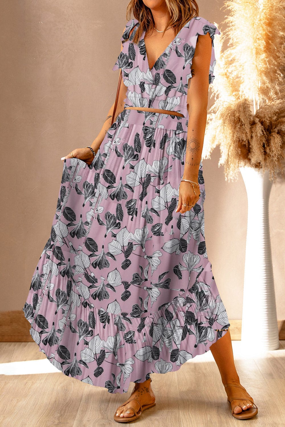 Rosy Brown Printed Tie Back Cropped Top and Maxi Skirt Set Sentient Beauty Fashions Apparel & Accessories