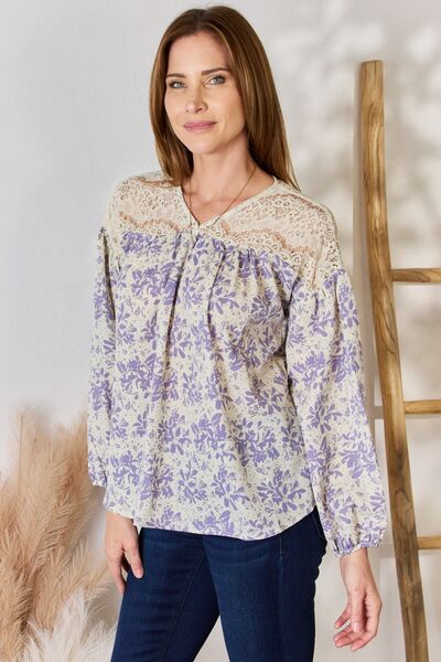 Gray Hailey & Co Full Size Lace Detail Printed Blouse Sentient Beauty Fashions Apparel & Accessories