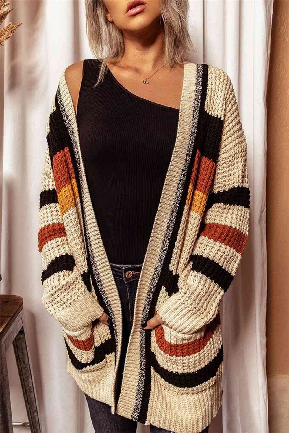 Rosy Brown Striped Open Front Longline Cardigan