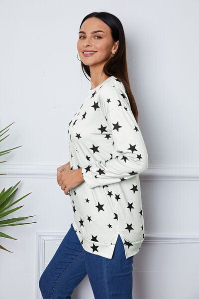 Light Gray Star Print Round Neck Dropped Shoulder Sweatshirt