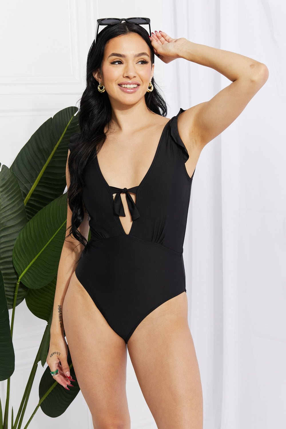 Black Marina West Swim Seashell Ruffle Sleeve One-Piece in Black Sentient Beauty Fashions Swimwear