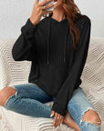 Gray Ribbed Dropped Shoulder Drawstring Hoodie