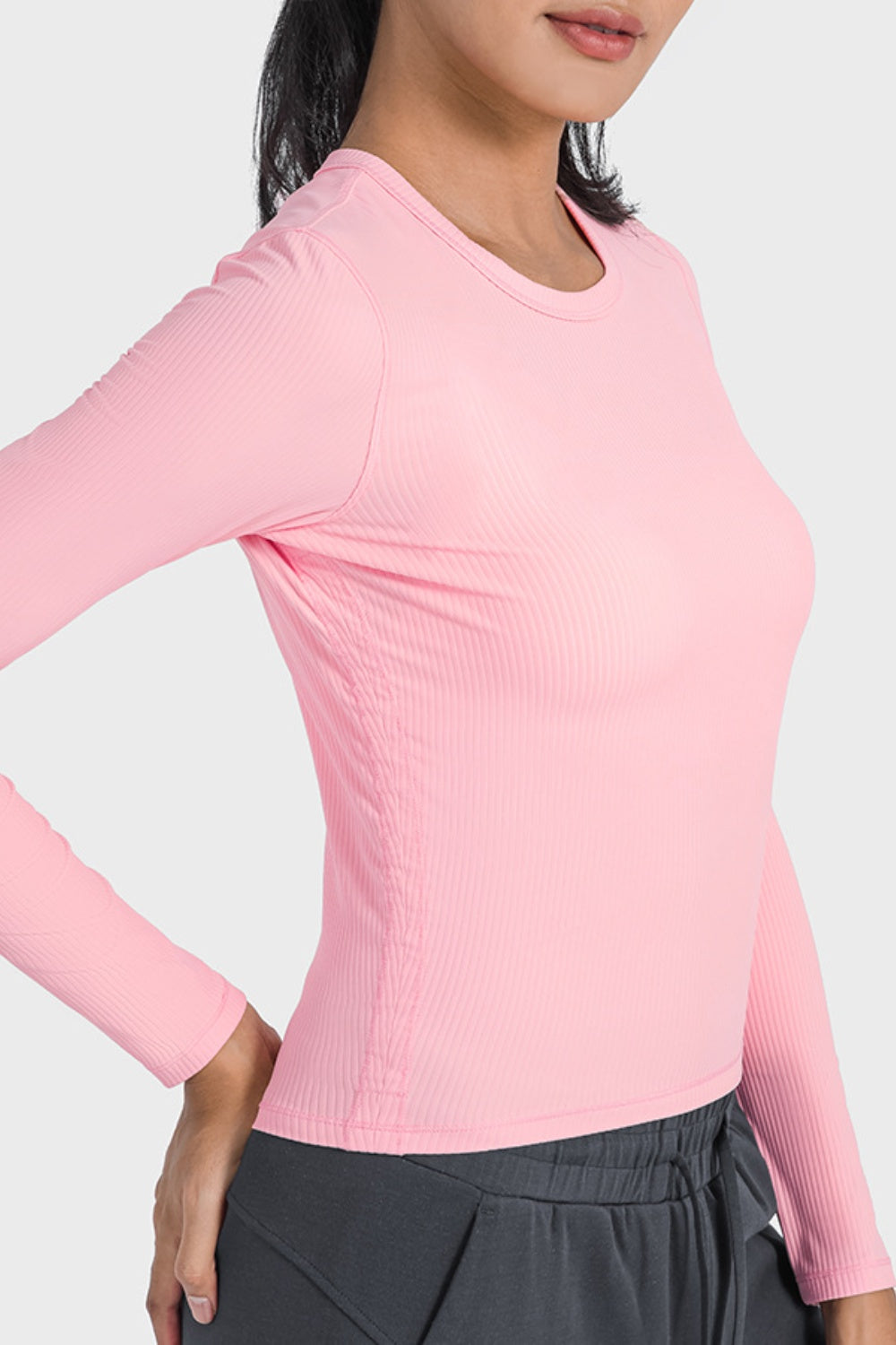 Misty Rose Round Neck Long Sleeve Sports Top Sentient Beauty Fashions tops