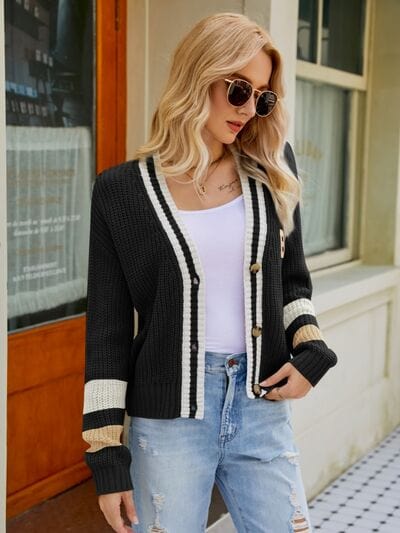 Dark Gray Contrast Button Up Dropped Shoulder Cardigan