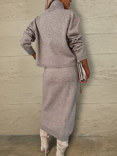 Rosy Brown Turtleneck Dropped Shoulder Sweater and Midi Dress Sweater Set