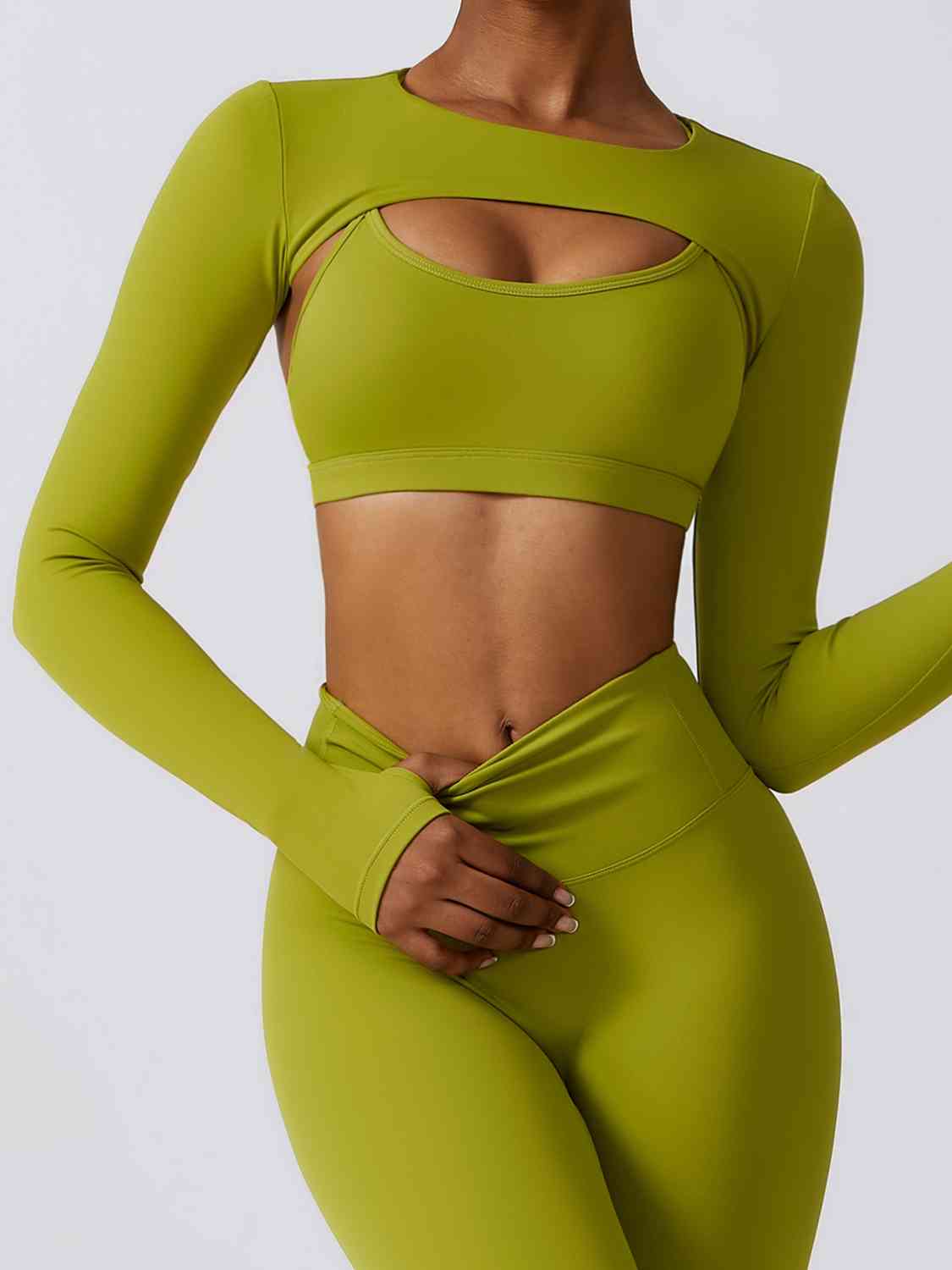Olive Drab Cropped Cutout Long Sleeve Sports Top Sentient Beauty Fashions Apparel & Accessories