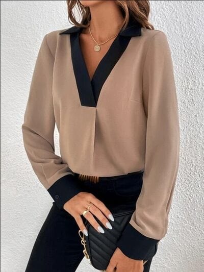 Rosy Brown Contrast Trim V-Neck Long Sleeve Blouse