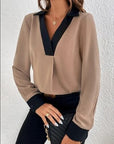 Rosy Brown Contrast Trim V-Neck Long Sleeve Blouse