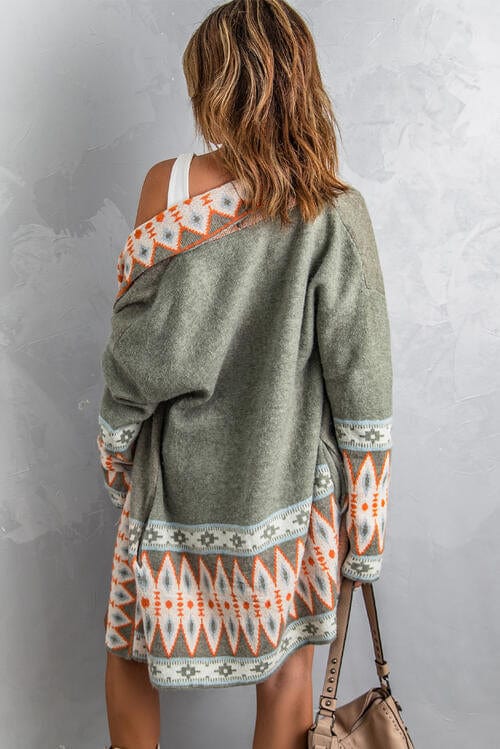 Dark Gray Geometric Open Front Long Sleeve Cardigan