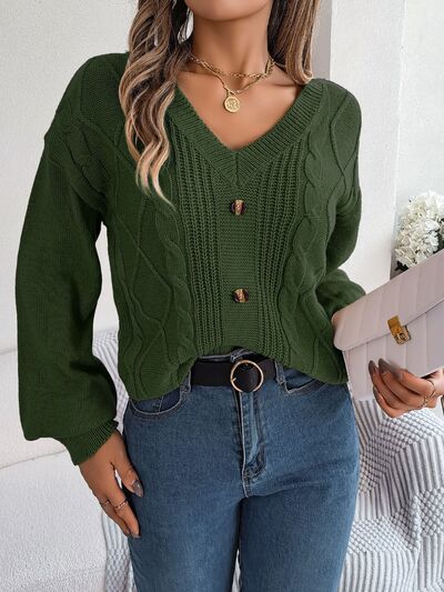 Light Gray Cable-Knit Buttoned V-Neck Sweater Sentient Beauty Fashions Apparel & Accessories