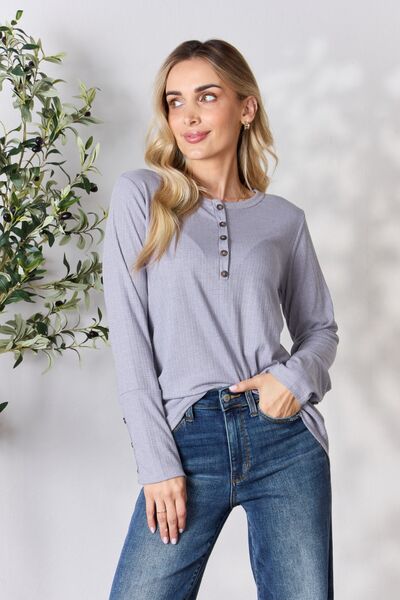 Gray Heimish Full Size Texture Half Button Long Sleeve Top Sentient Beauty Fashions Apparel &amp; Accessories