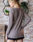 Dark Gray Reborn J Waffle Knit Notched Long Sleeve Top Sentient Beauty Fashions Apparel & Accessories