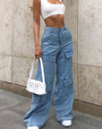 Light Slate Gray Wide Leg Knee Pocket Jeans Sentient Beauty Fashions Apparel & Accessories