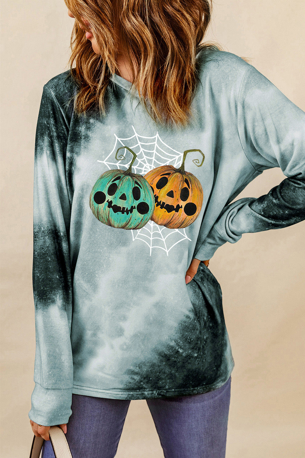 Gray Round Neck Long Sleeve Halloween Graphic Sweatshirt Sentient Beauty Fashions Apparel &amp; Accessories
