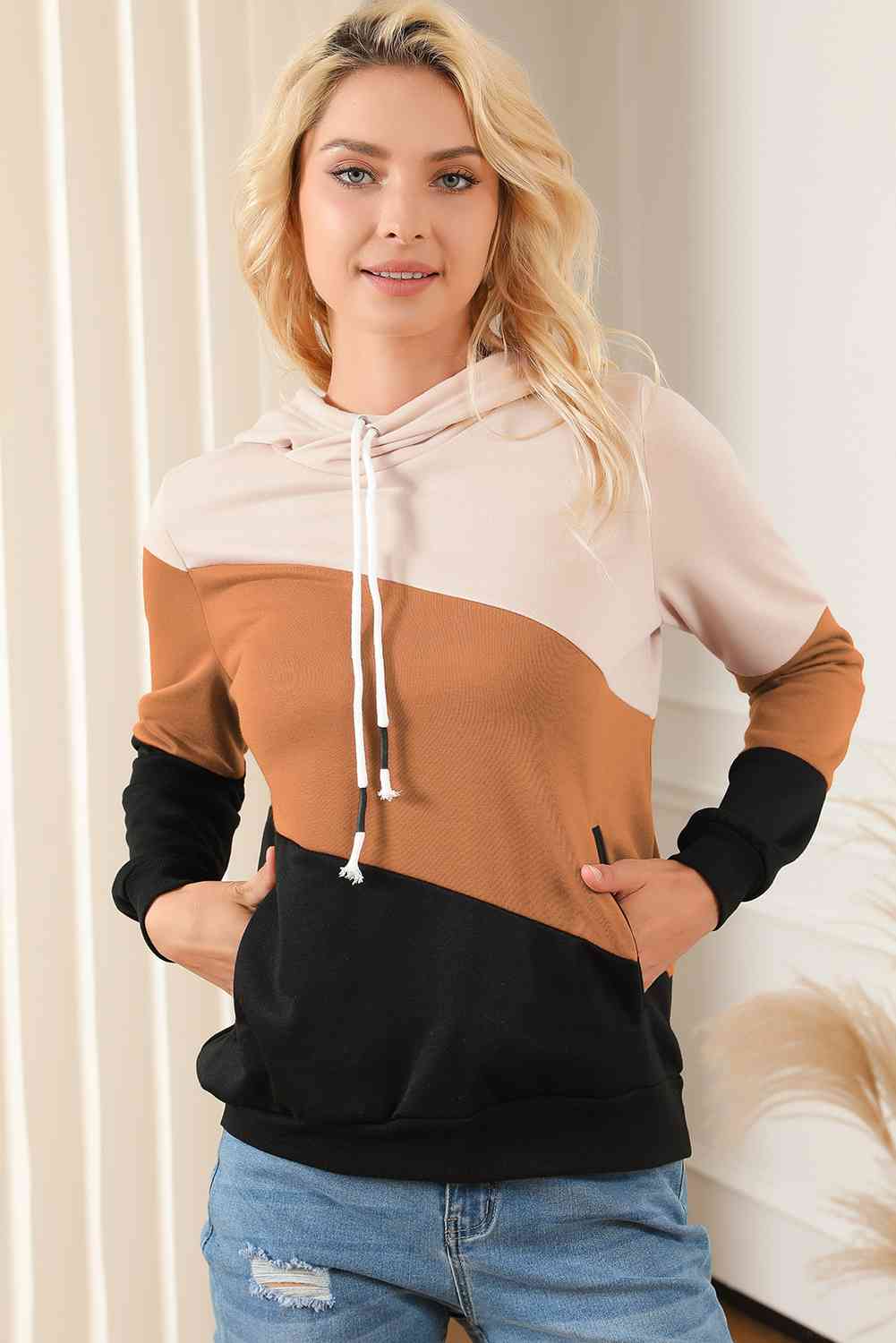 Light Gray Color Block Drawstring Hoodie with Pockets Sentient Beauty Fashions Apparel & Accessories