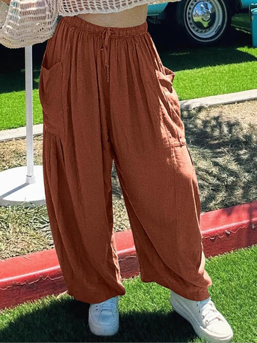 Saddle Brown Drawstring Pocketed Wide Leg Pant Sentient Beauty Fashions Apparel &amp; Accessories