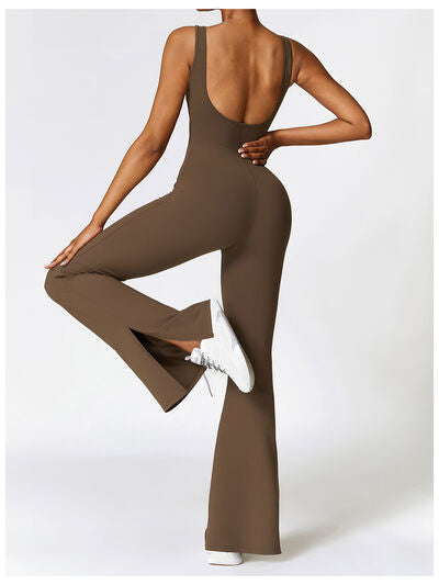 Dark Olive Green Wide Strap Bootcut Slit Active Jumpsuit Sentient Beauty Fashions Apparel &amp; Accessories