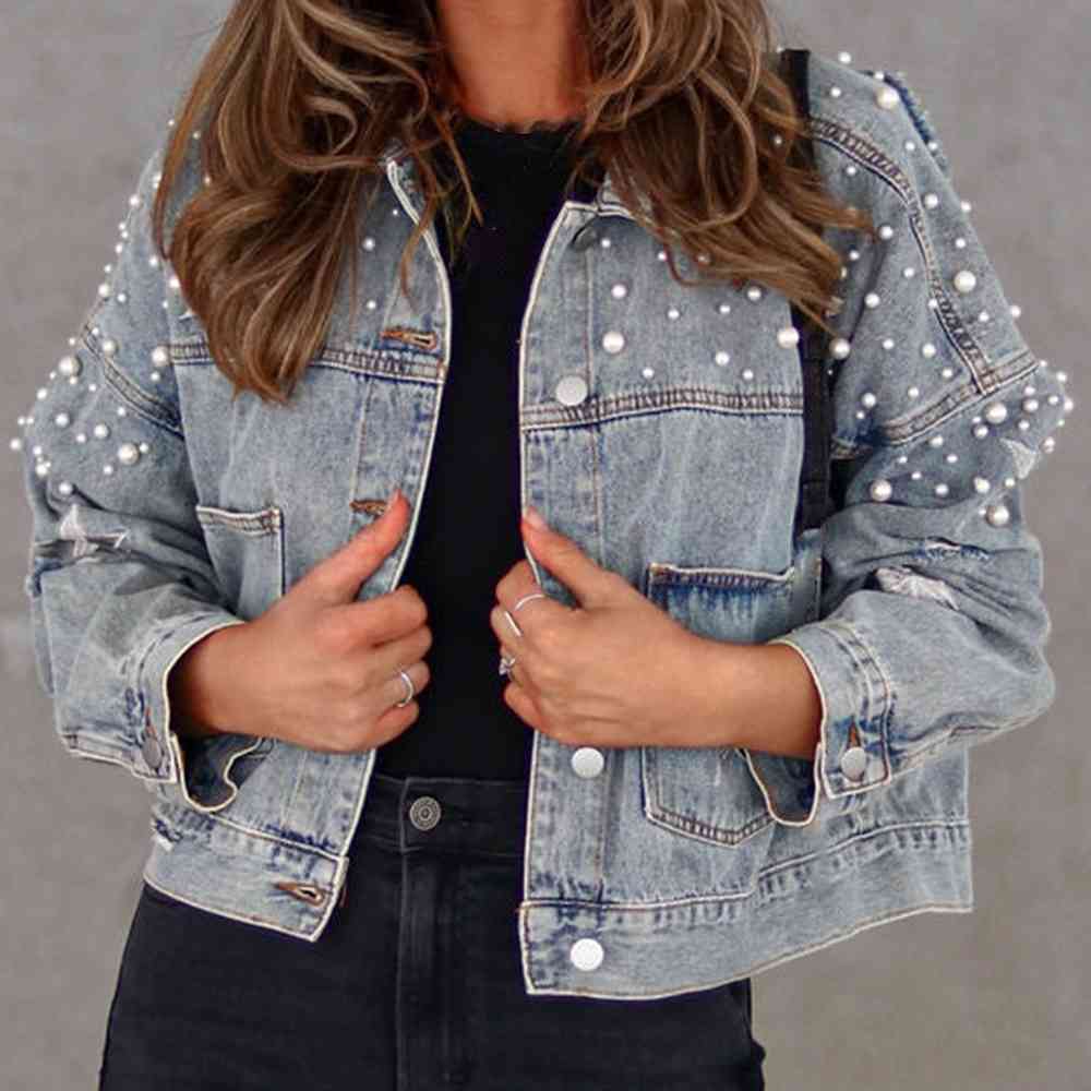Light Slate Gray Bead Detail Denim Jacket Sentient Beauty Fashions Apparel &amp; Accessories