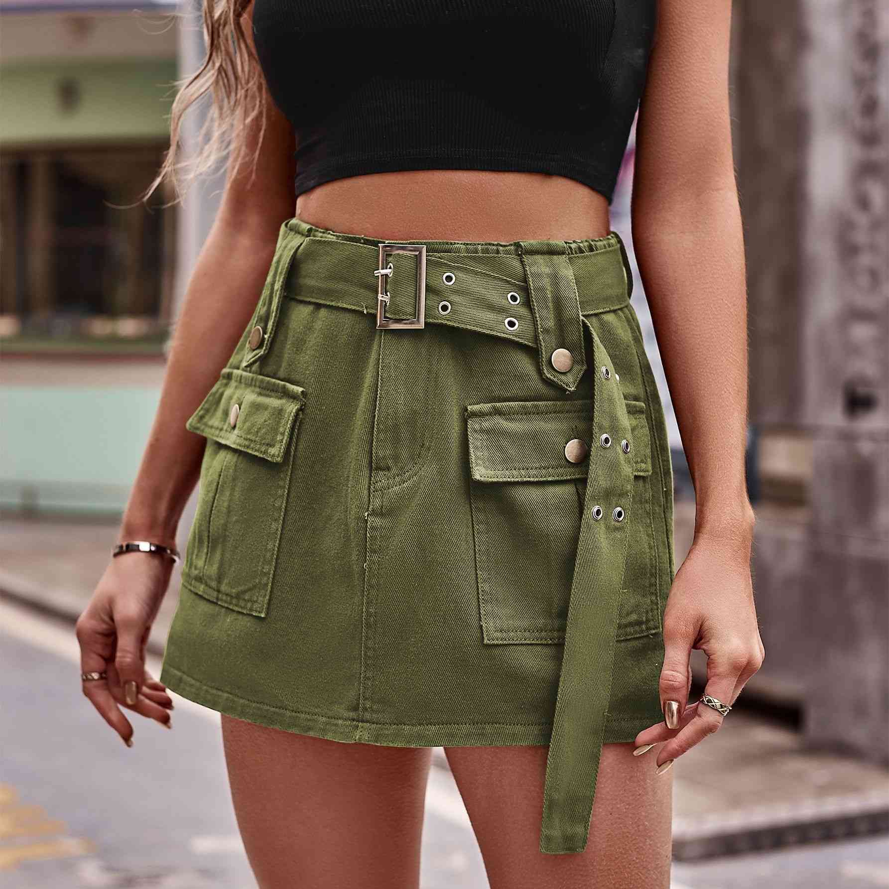 Dim Gray Belted Denim Shorts with Pockets Sentient Beauty Fashions Apparel &amp; Accessories