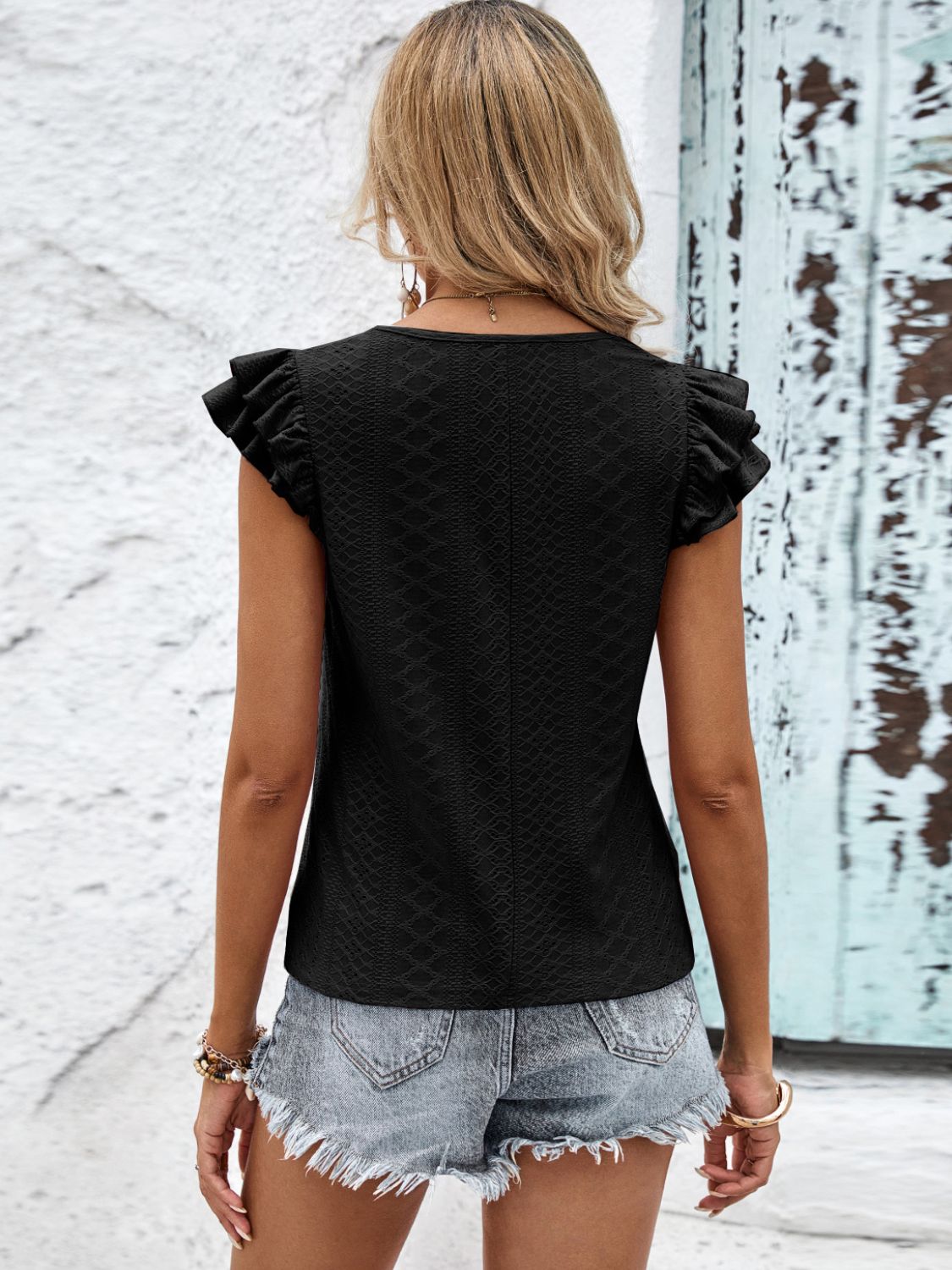 Black Contrast V-Neck Eyelet Top Sentient Beauty Fashions Apparel &amp; Accessories