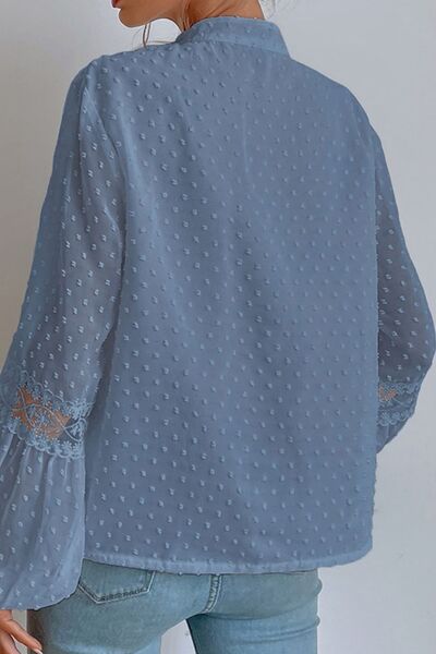 Slate Gray Swiss Dot Lace Detail Tie Neck Shirt Sentient Beauty Fashions Apparel &amp; Accessories