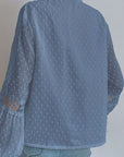 Slate Gray Swiss Dot Lace Detail Tie Neck Shirt Sentient Beauty Fashions Apparel & Accessories