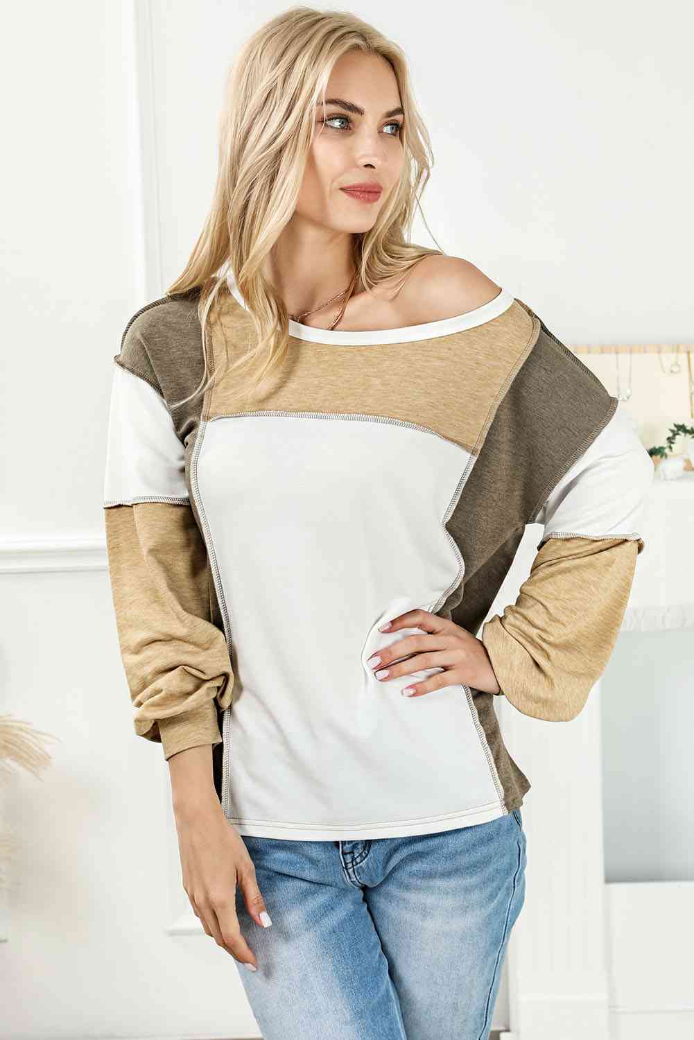 Light Gray Color Block Exposed Seam Boat Neck Top