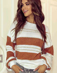 Light Gray Striped Drop Shoulder Lantern Sleeve Sweater Sentient Beauty Fashions Apparel & Accessories