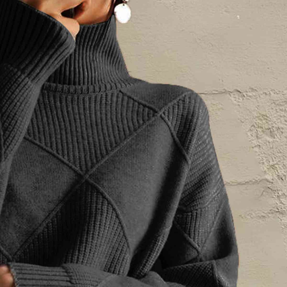 Dark Gray Geometric Turtleneck Long Sleeve Sweater Sentient Beauty Fashions Tops