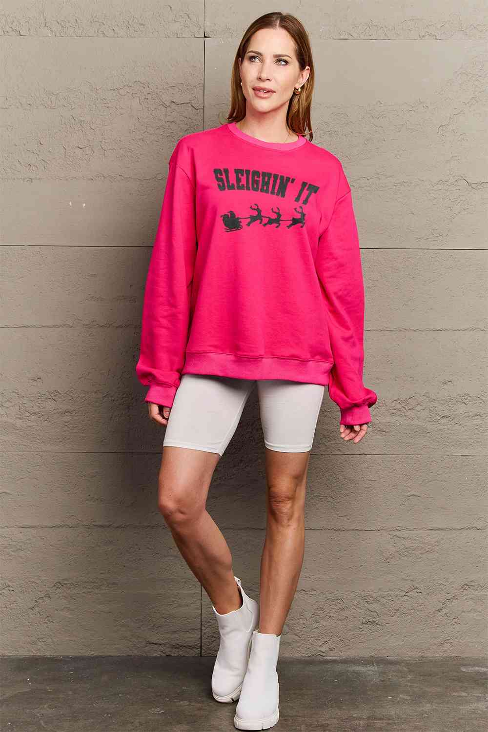 Rosy Brown Simply Love Full Size SLEIGHIN&#39; IT Graphic Sweatshirt Sentient Beauty Fashions Apparel &amp; Accessories
