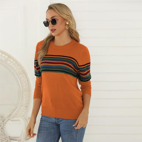 Light Gray Striped Round Neck Long Sleeve Sweater