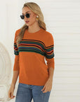 Light Gray Striped Round Neck Long Sleeve Sweater