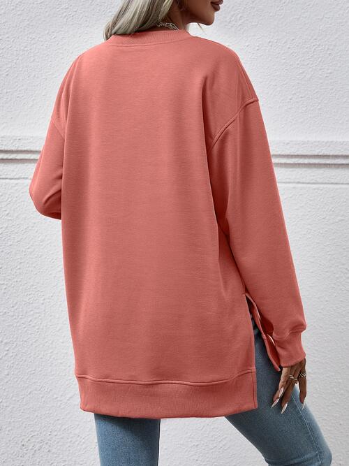 Rosy Brown V-Neck Slit Long Sleeve Sweatshirt Sentient Beauty Fashions Apparel &amp; Accessories