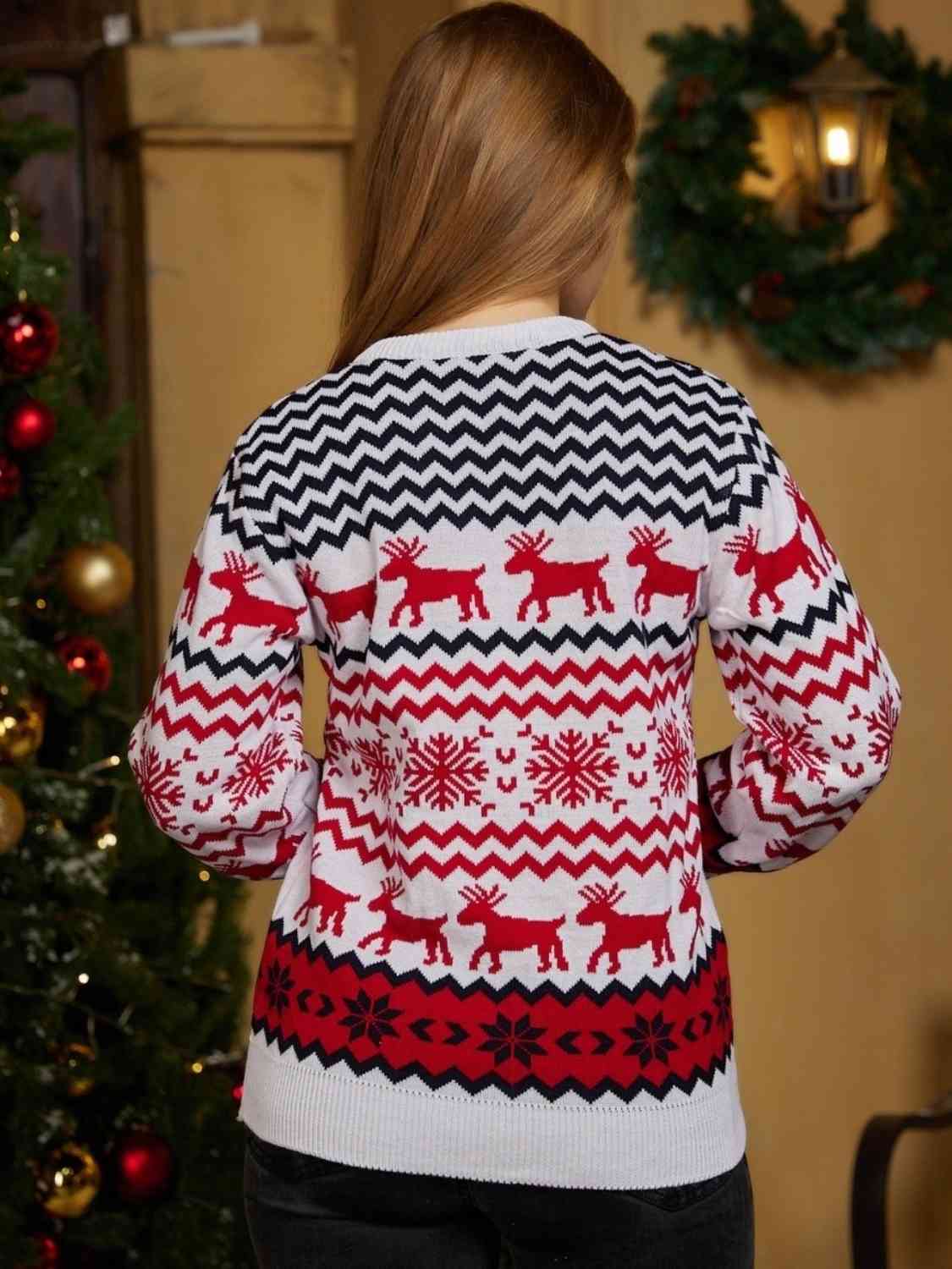 Black Reindeer & Snowflake Round Neck Sweater