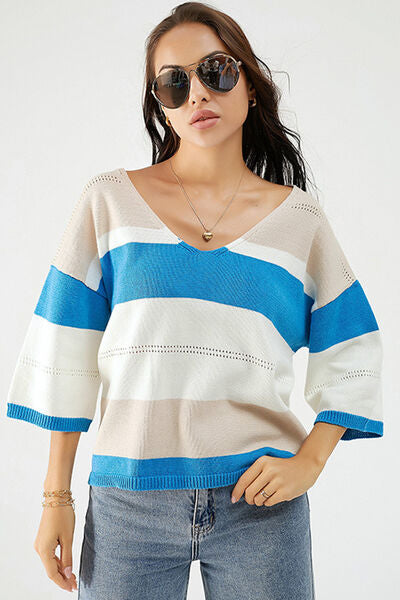 Light Gray Color Block V-Neck Dropped Shoulder Sweater Sentient Beauty Fashions Apparel & Accessories