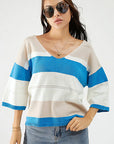 Light Gray Color Block V-Neck Dropped Shoulder Sweater Sentient Beauty Fashions Apparel & Accessories