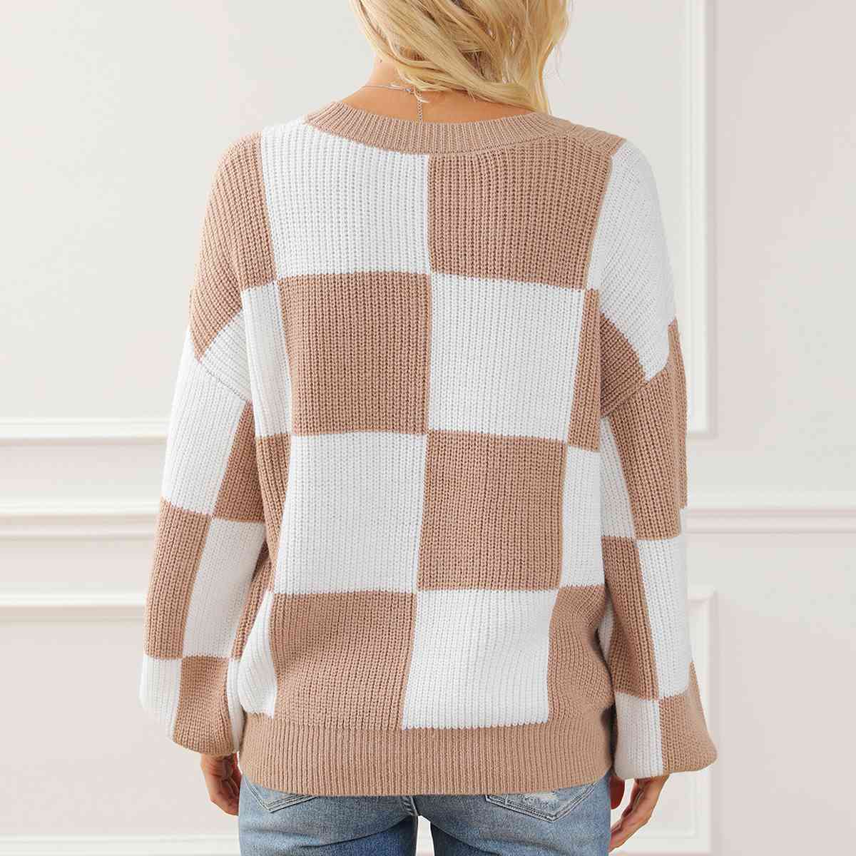 Light Gray Checkered Round Neck Drop Shoulder Long Sleeve Sweater