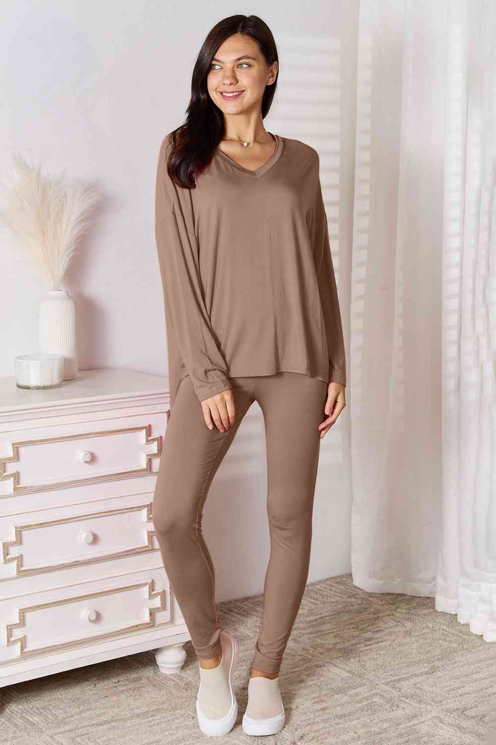 Gray Basic Bae Full Size V-Neck Soft Rayon Long Sleeve Top and Pants Lounge Set Sentient Beauty Fashions Pants