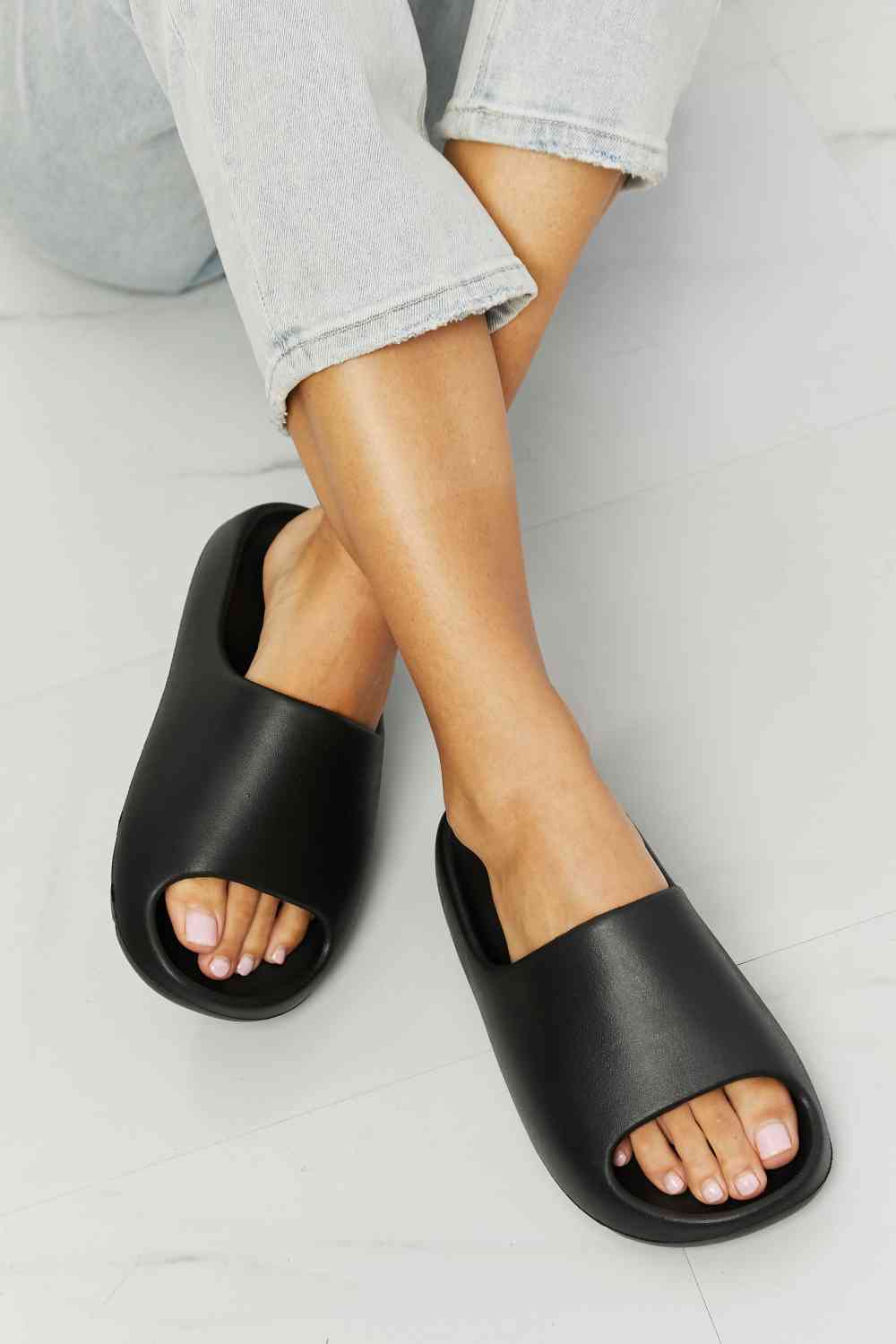Light Gray NOOK JOI In My Comfort Zone Slides in Black Sentient Beauty Fashions shoes