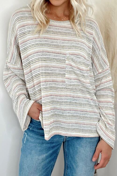 Gray Striped Round Neck Drop Shoulder Top Sentient Beauty Fashions Apparel & Accessories