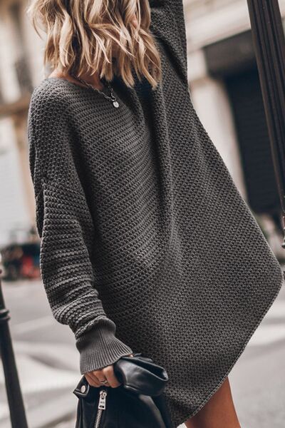 Dark Slate Gray Round Neck Long Sleeve Slit Oversized Sweater Sentient Beauty Fashions Apparel & Accessories