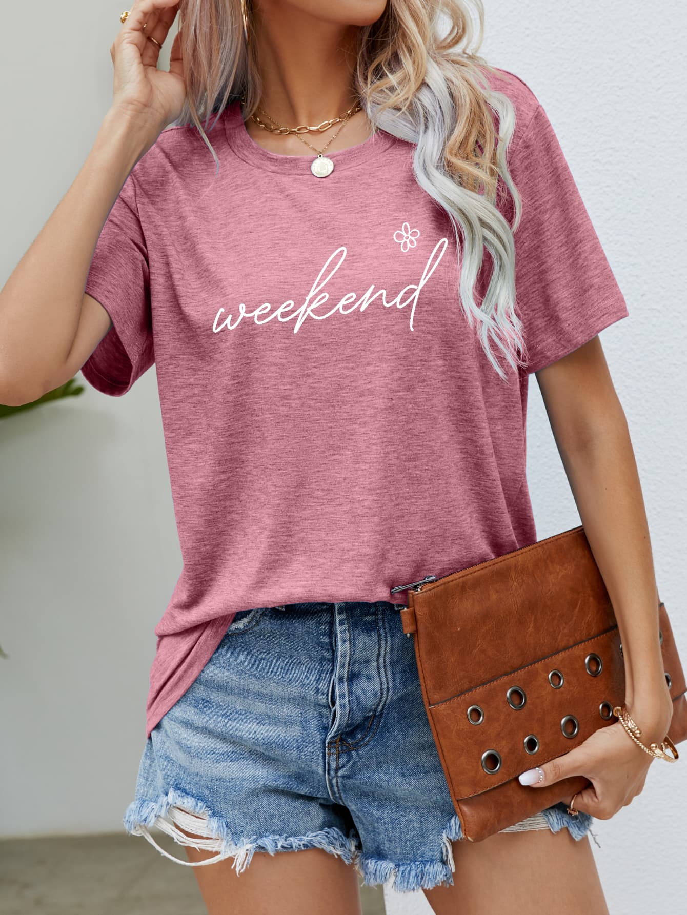 Rosy Brown WEEKEND Flower Graphic Short Sleeve Tee Sentient Beauty Fashions Apparel & Accessories