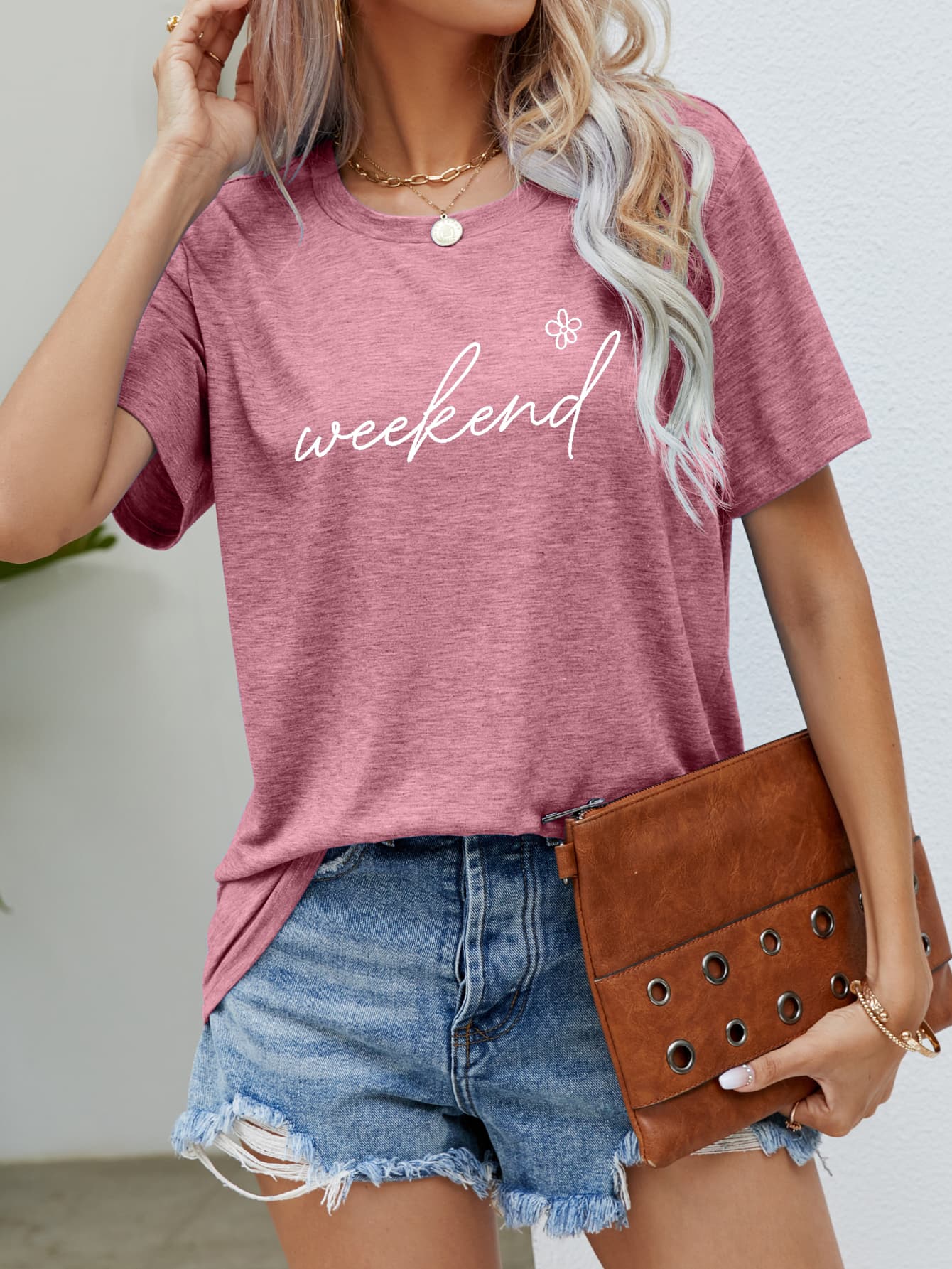 Rosy Brown WEEKEND Flower Graphic Short Sleeve Tee