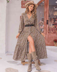 Gray Floral Button Up V-Neck Tiered Dress Sentient Beauty Fashions Apparel & Accessories