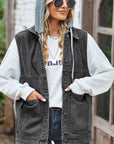 Dark Slate Gray Sleeveless Hooded Denim Jacket with Pockets Sentient Beauty Fashions Apparel & Accessories